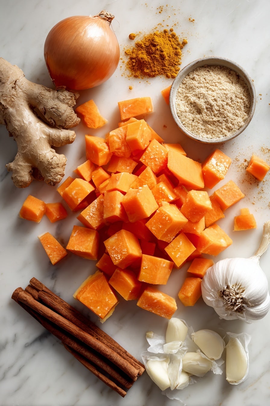 Flat lay of bright orange pumpkin cubes, fresh peeled and chopped carrots, a small golden onion with papery skin, peeled garlic cloves, a neat pile of golden curry powder, warm brown cinnamon sticks, fresh ginger root with a bit peeled, and a creamy swirl of coconut milk, all beautifully arranged on a white marble surface, photo taken with an iphone --ar 2:3 --v 7 - Creamy Pumpkin Curry Soup, pumpkin curry soup, cozy pumpkin soup, vegan pumpkin soup, easy pumpkin soup recipe