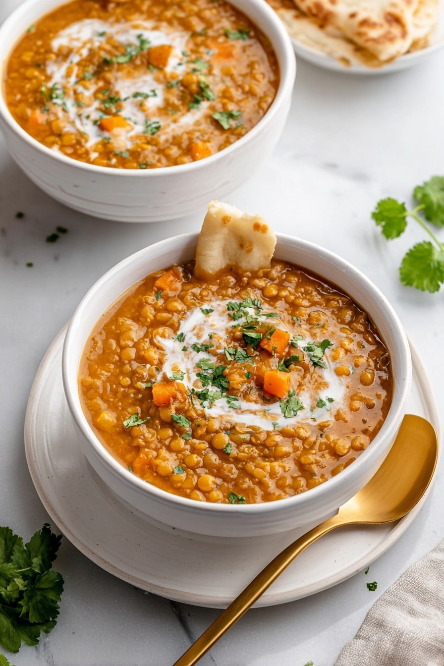 The image shows two white bowls filled with thick, orange-brown lentil curry, placed on white marbled surface. The curry has visible lentils and small pieces of orange carrot, topped with white cream swirled on top and sprinkled with green chopped cilantro. One bowl is in the front on a white plate with a golden spoon resting beside it, while the other bowl is partly visible in the background. A piece of light brown flatbread is placed resting on the edge of the front bowl. A few sprigs of fresh cilantro add a pop of green around the bowls. Photo taken with an iphone --ar 2:3 --v 7 - Vegan Curried Pumpkin Lentil Soup, vegan pumpkin soup, plant-based lentil soup, dairy-free pumpkin lentil stew, healthy vegan soup