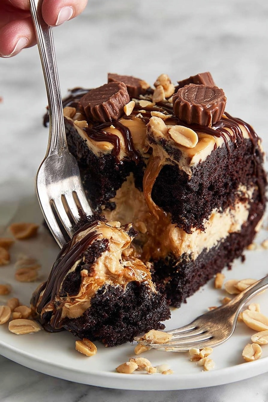 A slice of rich dark chocolate cake with a thick, creamy light brown peanut butter frosting layer on top, decorated with chopped peanut butter cups and whole peanuts. The frosting is drizzled with dark chocolate sauce. The cake is placed on a white plate with a few scattered peanuts around. A woman's hand holding a fork is cutting into the moist cake, lifting a piece. The background is a white marbled texture. Photo taken with an iphone --ar 2:3 --v 7 - Chocolate Peanut Butter Cake for a Crowd, easy crowd-pleasing cake, large batch chocolate peanut butter dessert, no-fuss party cake, rich chocolate peanut butter cake