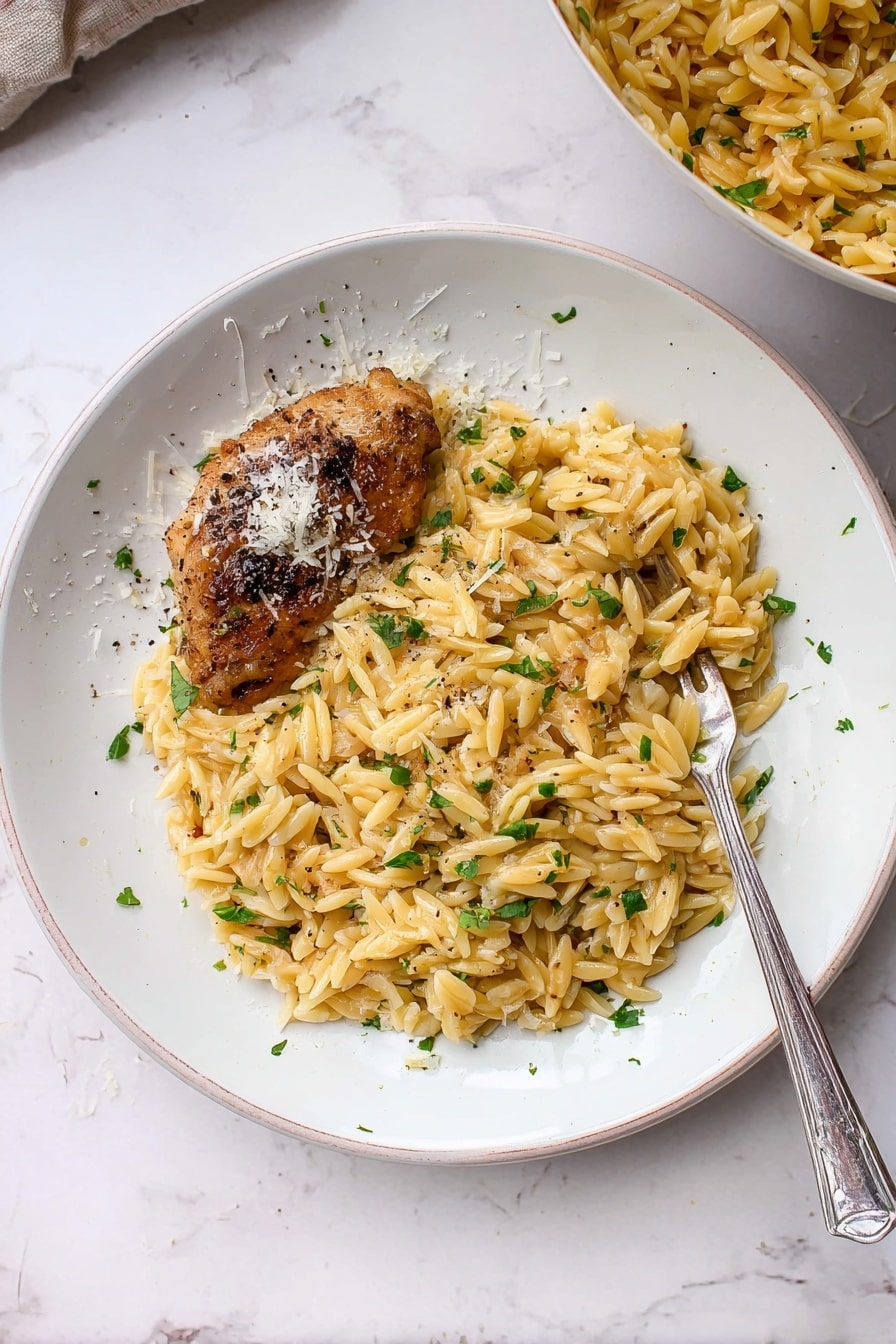 A white plate with a serving of golden pasta mixed with small green parsley pieces and bits of light brown toasted orzo, covering most of the plate's center and right side. On the left side of the plate, there is a browned, cooked piece of chicken skin-on, topped lightly with grated white cheese and some black pepper sprinkled over both pasta and chicken. A silver fork rests diagonally on the plate, partly under the pasta on the right side. The plate sits on a white marbled surface, and part of a bowl of similar pasta is visible in the top right corner. Photo taken with an iphone --ar 2:3 --v 7 - One Pot Garlic Butter Chicken and Orzo, garlic butter chicken recipe, easy one pot chicken dinner, creamy chicken and orzo, quick weeknight chicken meal