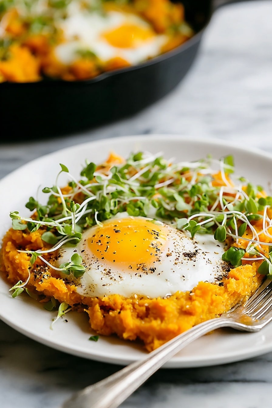A white plate sits on a white marbled surface, holding a bright orange mashed base spread out flat. On top of this base is a single fried egg with a yellow yolk and white edges, sprinkled lightly with black pepper. Around the egg and on the mashed layer are small fresh green sprouts with thin white stems scattered over. A silver fork rests on the right side of the plate, partially on the food. In the background, a black skillet filled with the same mashed base and eggs is slightly blurred. Photo taken with an iphone --ar 2:3 --v 7 - Orange Shakshuka with Butternut Squash and Warm Spices, healthy shakshuka with orange bell peppers, cozy fall shakshuka recipe, vegetarian shakshuka with squash, easy savory breakfast dish