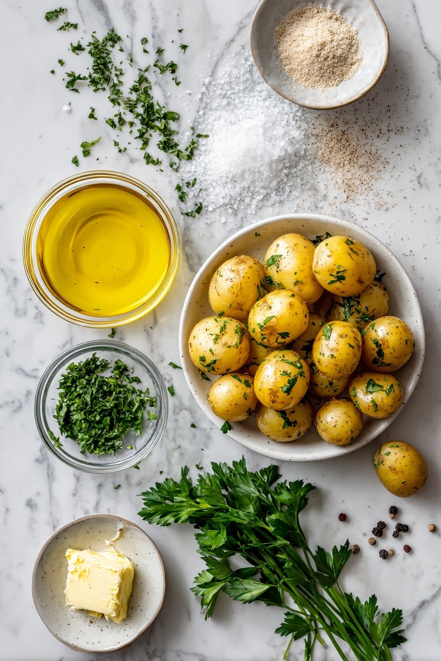 Flat lay of small golden baby potatoes, a small dish of melted butter glistening with richness, a glass bowl filled with golden olive oil, a scattering of bright green finely chopped fresh parsley, white flaky sea salt crystals, and a dusting of pale beige garlic powder, all beautifully arranged with sprinkles of coarse black pepper, placed on a white marble surface, photo taken with an iphone --ar 2:3 --v 7 - Crispy Air Fryer Smashed Potatoes, Air Fryer Smashed Potatoes, Crispy Smashed Potatoes, Air Fryer Potato Side Dish, Easy Smashed Potatoes