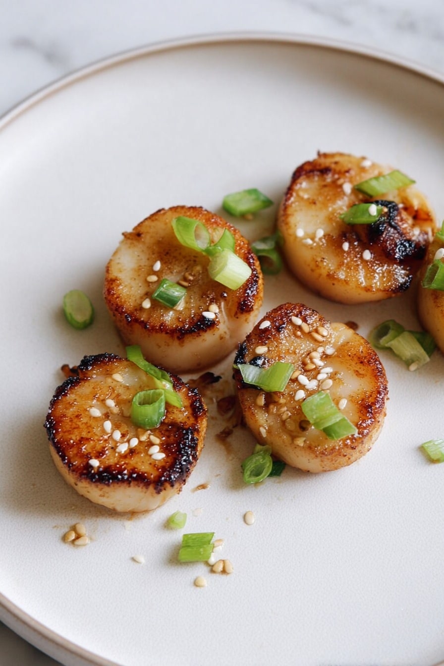 Five round, golden brown pieces of seared food are arranged slightly spread out on a white plate with a smooth texture. Each piece has a crisp, caramelized edge and a light brown top with some slightly darker char marks. Small green chopped spring onions are scattered on top of and around the pieces, adding a fresh touch of color. Tiny white sesame seeds sprinkle the surface of the food and plate for extra texture. The plate sits on a white marbled surface in soft natural light, emphasizing the warm tones of the dish. photo taken with an iphone --ar 2:3 --v 7 - Miso Soy King Oyster Mushroom, vegan scallops, plant-based seafood, mushroom scallops recipe, umami mushroom dish