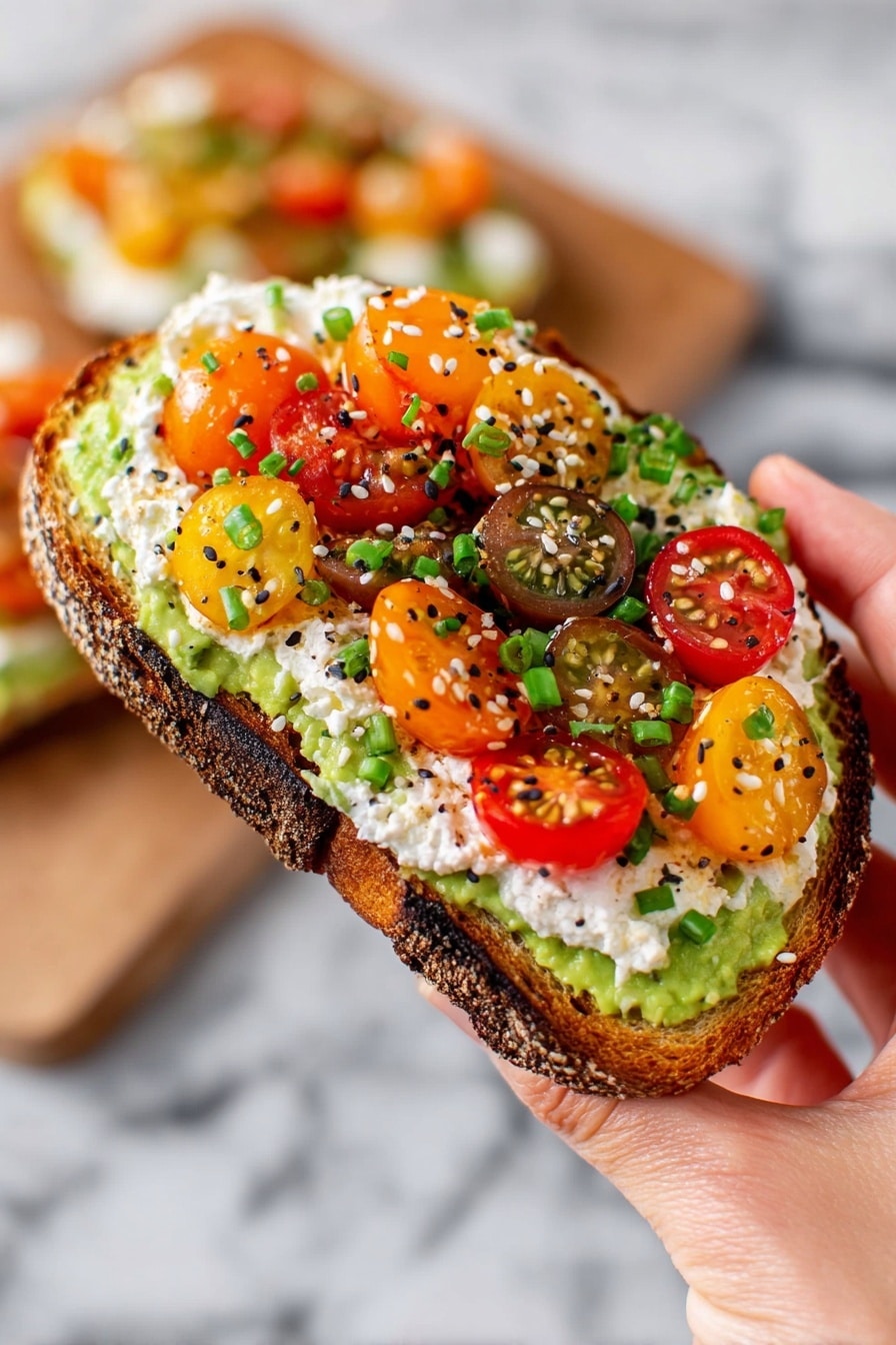 A slice of toasted bread with a dark brown crust and light brown inside is held by a woman's hand. The first layer on the bread is mashed green avocado, spread evenly. On top of the avocado is a thick layer of white creamy cheese with a smooth texture. The top layer features colorful cherry tomato halves in red, yellow, orange, and brown shades, scattered nicely. Small pieces of green chopped chives and a sprinkle of black and white sesame seeds are spread across the tomatoes, adding texture and color. The background shows a white marbled surface and a blurred second slice of toast. Photo taken with an iphone --ar 2:3 --v 7 - Avocado Cottage Cheese Toast with Everything But The Bagel Seasoning, healthy avocado toast, quick breakfast ideas, light snack recipes, savory avocado toast