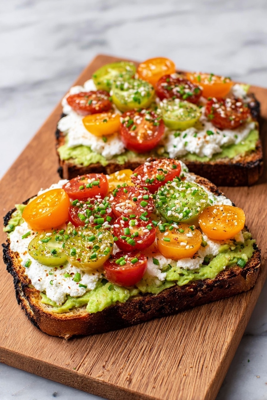 Two slices of toasted bread with dark crispy edges sit on a wooden board. Each slice has a first layer of mashed green avocado spread evenly. On top, there is a thick layer of white cottage cheese dotted with small lumps. The top layer has halved cherry tomatoes in red, orange, and green colors arranged closely. The toast is garnished with chopped green chives and black and white sesame seeds scattered evenly. The wooden board rests on a white marbled surface. Photo taken with an iphone --ar 2:3 --v 7 - Avocado Cottage Cheese Toast with Everything But The Bagel Seasoning, healthy avocado toast, quick breakfast ideas, light snack recipes, savory avocado toast