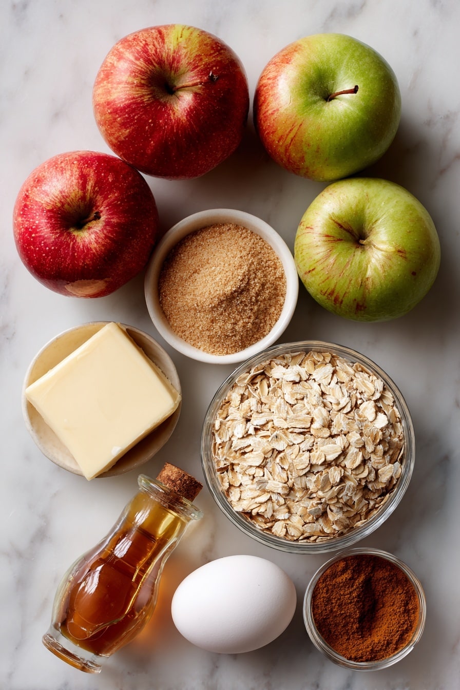 Flat lay of chopped fresh apples with their red and green skin, a neat pile of old-fashioned rolled oats, a small mound of light brown sugar, a stick of unsalted butter softened with a smooth texture, a scattering of ground cinnamon and nutmeg powders creating warm earthy tones, a single fresh egg with a clean shell, and a small glass bottle of vanilla extract, all beautifully arranged on a white marble surface, photo taken with an iphone --ar 2:3 --v 7 - Apple Oatmeal Cookies, apple oatmeal cookies, fall spice cookies, hearty apple cookies, soft chewy oatmeal cookies