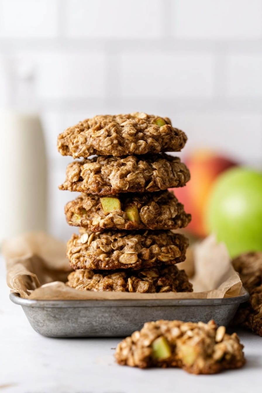 A stack of six brown oatmeal cookies with visible small chunks of yellow apple pieces sits in the center of a metal pan lined with parchment paper. The cookies have a rough texture with oats and apple chunks spread throughout. One cookie lies broken on a white marbled surface in the front left of the image. In the blurred background, there is a green apple and a peach on the right side, and an out-of-focus glass bottle of milk on the left side. The background wall has white subway tiles. photo taken with an iphone --ar 2:3 --v 7 - Apple Oatmeal Cookies, apple oatmeal cookies, fall spice cookies, hearty apple cookies, soft chewy oatmeal cookies