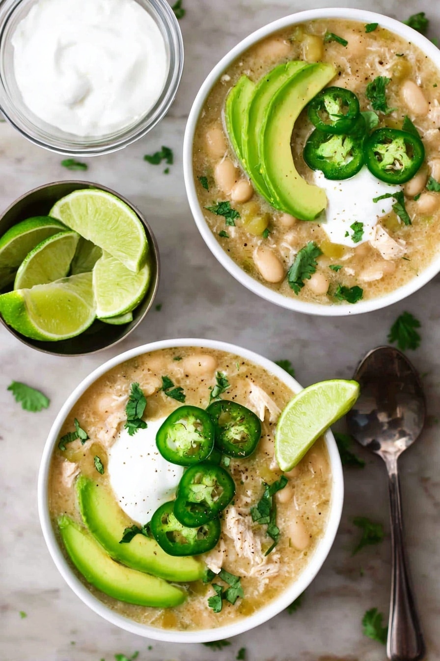 Two white bowls are filled with thick beige soup containing chunks of white meat and beans. Each bowl’s top layer has bright green slices of avocado arranged along one side, a few thin, round slices of green jalapeño peppers, a dollop of white sour cream, and a green lime wedge placed on the edge. Small green cilantro leaves are sprinkled on top of all the bowls. Nearby, a clear glass bowl holds white sour cream, and a small metal bowl contains lime wedges, all set on a white marbled surface. A silver spoon is placed near the bowls. photo taken with an iphone --ar 2:3 --v 7 - Crockpot White Chicken Chili, Easy White Chicken Chili, Healthy Crockpot Chili, Creamy White Chicken Chili, Crockpot Chicken and Beans