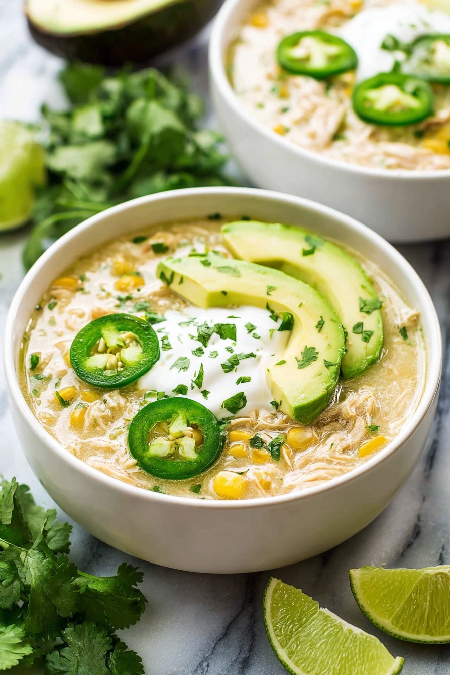 A white bowl filled with light yellow creamy soup, layered with pale shredded chicken and small whole corn kernels visible in the mix. On top, there are three slices of bright green avocado placed on one side and three thin green jalapeño rings on the other. A dollop of white sour cream sits in the center, garnished with finely chopped fresh green cilantro. A thin slice of lime rests along the bowl’s edge. The bowl sits on a white marbled surface with fresh green cilantro leaves and lime wedges scattered around, and another white bowl filled with the same soup is slightly blurred in the background. Photo taken with an iphone --ar 2:3 --v 7 - Crockpot White Chicken Chili, Easy White Chicken Chili, Healthy Crockpot Chili, Creamy White Chicken Chili, Crockpot Chicken and Beans