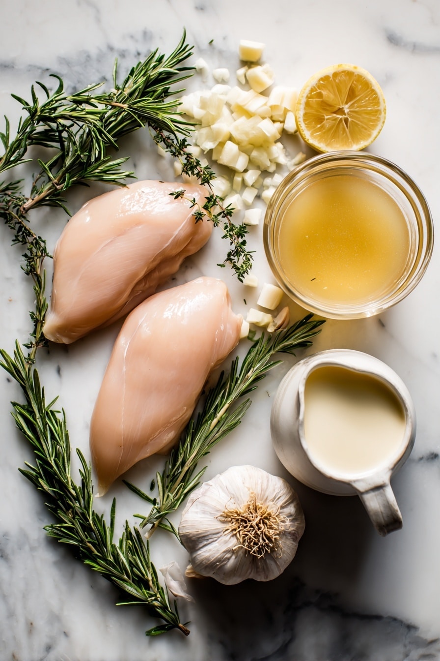 Flat lay of boneless skinless chicken breasts, fresh rosemary sprigs, a whole shallot with some diced pieces, peeled garlic cloves, a bright lemon with both whole fruit and zest curls, a small jug of creamy heavy cream, and a glass container of golden chicken broth, all beautifully arranged with natural light and soft shadows, placed on a white marble surface, photo taken with an iphone --ar 2:3 --v 7 - Slow Cooker Creamy Lemon Herb Chicken, easy lemon chicken recipe, healthy slow cooker chicken, flavorful lemon herb chicken, fuss-free dinner ideas