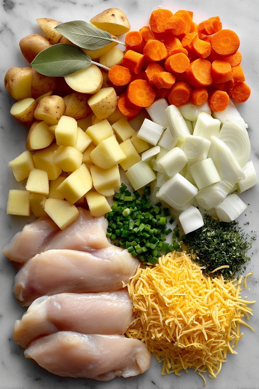 Flat lay of boneless chicken breasts, peeled and cubed russet potatoes, chopped yellow onion, sliced carrots, chopped celery, minced garlic cloves, fresh bay leaves, shredded cheddar cheese, and chopped green chives, all beautifully arranged with vibrant colors and natural textures, placed on a white marble surface, photo taken with an iphone --ar 2:3 --v 7 - Creamy Slow Cooker Chicken and Potato Soup, hearty chicken and potato soup, easy slow cooker soup, comforting chicken potato soup, rich creamy chicken soup
