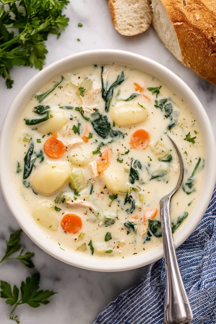 A white bowl filled with a creamy soup showing several layers inside: soft white gnocchi pieces, orange carrot slices, green spinach leaves, small white chunks of chicken, and hints of celery pieces all mixed inside a thick, white creamy broth. A silver spoon rests inside the bowl on the right side. The bowl is placed on a white marbled surface with fresh green parsley leaves on the upper left and pieces of crusty bread on the upper right, next to a blue and white striped cloth at the bottom right. photo taken with an iphone --ar 2:3 --v 7 - Slow Cooker Chicken Gnocchi Soup, hearty chicken gnocchi soup, creamy slow cooker soup, easy chicken gnocchi recipe, cozy comfort food