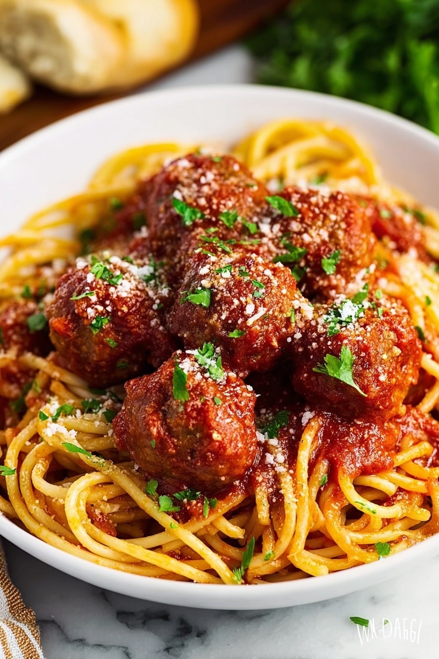 A white shallow bowl filled with a nest of thick yellow spaghetti noodles, topped with seven round brown meatballs coated in red tomato sauce. The tomato sauce covers some parts of the noodles lightly, with a sprinkle of white grated cheese and small bright green parsley leaves scattered on top. The bowl is placed on a white marbled surface with some blurred green herbs and a piece of bread in the background. photo taken with an iphone --ar 2:3 --v 7 - Easy Crock Pot Spaghetti with Meatballs, slow cooker spaghetti and meatballs, easy Italian dinner, no-fuss spaghetti recipe, comforting slow cooker meal