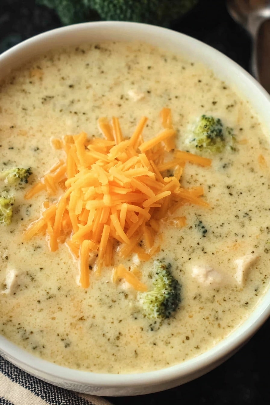 A close-up view of a creamy soup with a thick texture and light greenish-white color mixed with small bits of broccoli and chicken, served in a white bowl. On top of the soup is a small pile of shredded bright orange cheddar cheese. The bowl sits on a white marbled surface. Photo taken with an iphone --ar 2:3 --v 7 - Crockpot Broccoli Cheese Soup, slow cooker broccoli cheese soup, easy broccoli cheese soup, cheesy broccoli soup, healthy crockpot soup