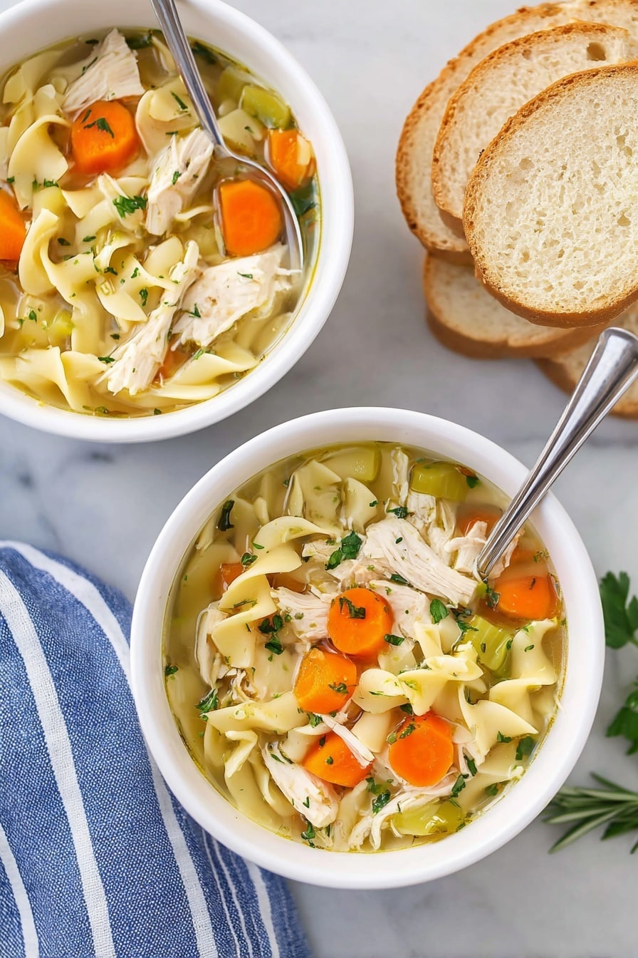 The image shows two white bowls filled with chicken noodle soup placed on a white marbled surface. Each bowl contains clear broth with three main layers: beige spiral egg noodles at the bottom, mixed with orange carrot pieces and light green celery cubes in the middle, and topped with white shredded chicken pieces and small green herb sprigs like parsley and rosemary. Next to the bowls, there are three white slices of toasted bread with a golden crust, and some parsley leaves are scattered around for decoration. A blue and white striped cloth is partially visible under one bowl. Photo taken with an iphone --ar 2:3 --v 7 - Crockpot Chicken Noodle Soup, easy chicken noodle soup, slow cooker soup recipes, comfort food soup, homemade chicken noodle soup
