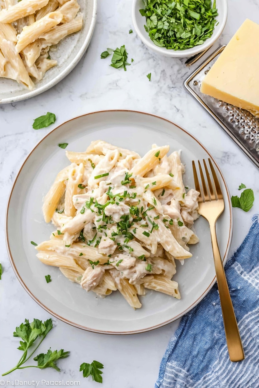 A white plate holds a serving of penne pasta covered in a creamy, pale off-white sauce. The pasta is mixed with small pieces of white meat and sprinkled with chopped green herbs on top. The plate is placed on a white marbled surface with small green herb leaves scattered around. Nearby, there is a white bowl filled with chopped green herbs and a block of pale yellow cheese on a metal grater. A gold-colored fork rests on a blue and white striped cloth to the right of the plate. photo taken with an iphone --ar 2:3 --v 7 - Crock Pot Chicken Alfredo Casserole, creamy chicken pasta bake, easy slow cooker chicken dinner, cheesy chicken casserole, one-pot crockpot chicken recipe