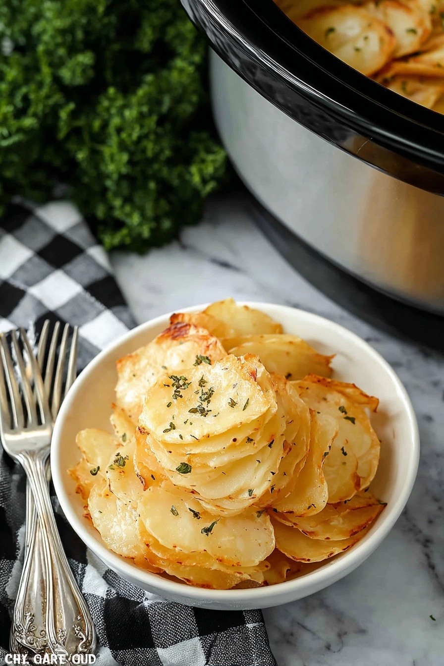 A small white bowl filled with golden layered potato slices, each layer showing a soft, cooked texture with some crispy edges, sprinkled lightly with herbs, sits on a white marbled surface. Beside the bowl, two silver forks rest on a black and white checkered cloth. Part of a silver slow cooker filled with the same layered potato dish is visible in the top right corner, showing the potato slices inside with a creamy and tender appearance. A sprig of green parsley adds a fresh touch to the left side of the scene. Photo taken with an iphone --ar 2:3 --v 7 - Slow Cooker Scalloped Potatoes, cheesy scalloped potatoes, easy potato side dish, creamy potato casserole, effortless comfort food