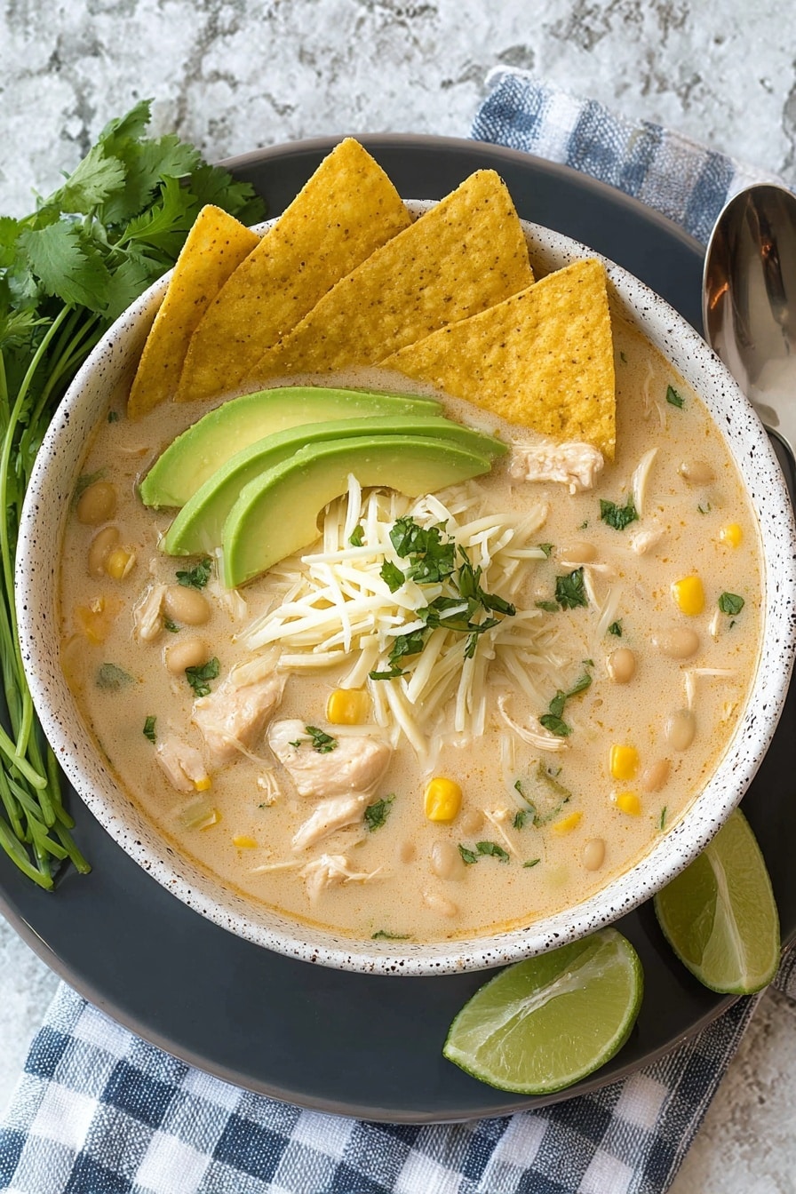 A white speckled bowl sits on a dark brown plate, filled with creamy soup that has a light beige color with visible pieces of shredded chicken, corn, and white beans mixed inside. On top of the soup, there are three triangular yellow tortilla chips standing upright on one side, while thinly shredded white cheese is placed beside them. Next to the cheese, slices of bright green avocado fan out, and a fresh lime wedge sits in the center. Sprinkled throughout the soup are small green cilantro leaves. The setup is on a white marbled surface with some avocado halves and fresh cilantro blurred in the background. photo taken with an iphone --ar 2:3 --v 7 - White Chicken Chili, easy white chicken chili, creamy chicken chili, healthy white chili recipe, flavorful chicken chili