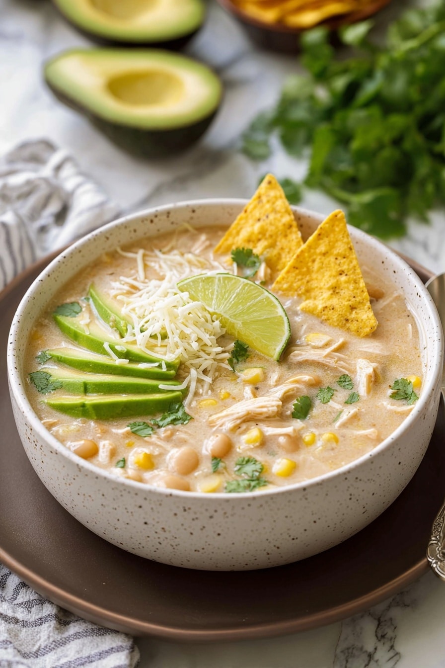 The dish is a creamy soup served in a white speckled bowl placed on a dark plate against a white marbled textured surface. The soup has a light beige color with visible chunks of chicken, corn, and white beans scattered throughout. On top, there are three large yellow tortilla chips arranged along the upper side, a handful of shredded white cheese in the center, a few green cilantro leaves sprinkled around, thin slices of avocado fanned out on the left side, and a wedge of lime resting near the avocado. A spoon is placed beside the bowl on a white and blue checkered napkin. Photo taken with an iphone --ar 2:3 --v 7 - White Chicken Chili, easy white chicken chili, creamy chicken chili, healthy white chili recipe, flavorful chicken chili