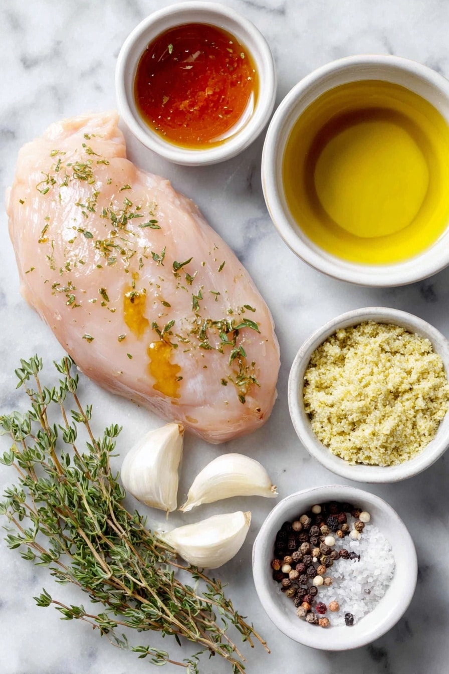 Flat lay of a fresh boneless, skinless chicken breast half, a small drizzle of golden olive oil in a white ceramic bowl, a small white bowl with glossy amber maple syrup, two cloves of fresh garlic with papery skin, a few sprigs of fresh green thyme, a small white bowl of pale yellow stone-ground mustard with visible mustard seeds, a small white bowl of clear cider vinegar, a small white bowl filled with light golden low-sodium chicken broth, a small pile of coarse black peppercorns, and a small pile of fine white salt crystals, all arranged symmetrically on a clean white marble surface, soft natural light, photo taken with an iPhone, professional food photography style, fresh ingredients, white ceramic bowls, no bottles, no duplicates, no utensils, no packaging --ar 2:3 --v 7 --p awthu7i m7354615311229779997 - Maple Mustard Glazed Chicken, easy chicken dinner, one-pan chicken recipe, quick weeknight chicken, flavorful chicken with maple mustard glaze