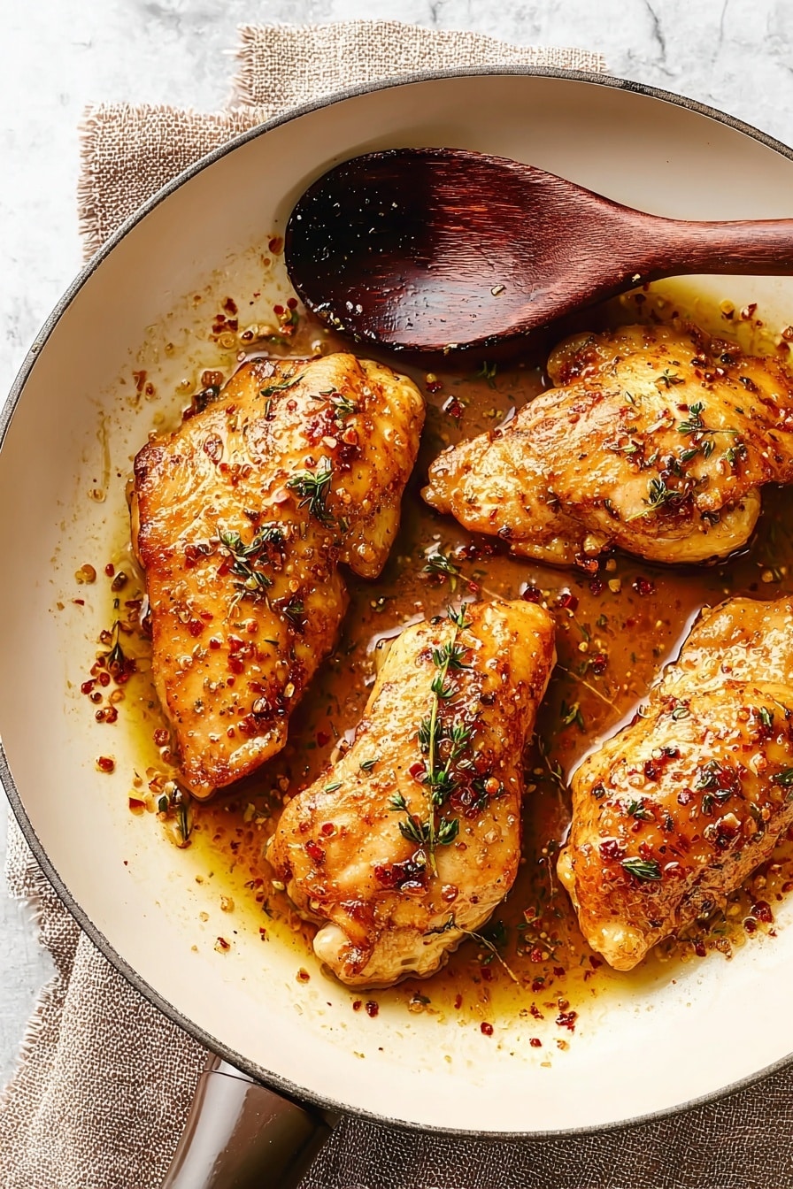 The image shows a close-up of four golden brown chicken pieces cooking in a copper-colored frying pan with a shiny glaze of sauce on them, speckled with herbs and black pepper. The chicken pieces vary in size, with two larger pieces at the center and two smaller ones towards the top and bottom right. A dark wooden spoon with sauce droplets rests on the right side of the pan, which sits on a light brown cloth on a white marbled surface. The sauce glistens with a slightly sticky texture, pooling lightly around the chicken, highlighting the juicy, cooked texture of the meat photo taken with an iphone --ar 2:3 --v 7 - Maple Mustard Glazed Chicken, easy chicken dinner, one-pan chicken recipe, quick weeknight chicken, flavorful chicken with maple mustard glaze