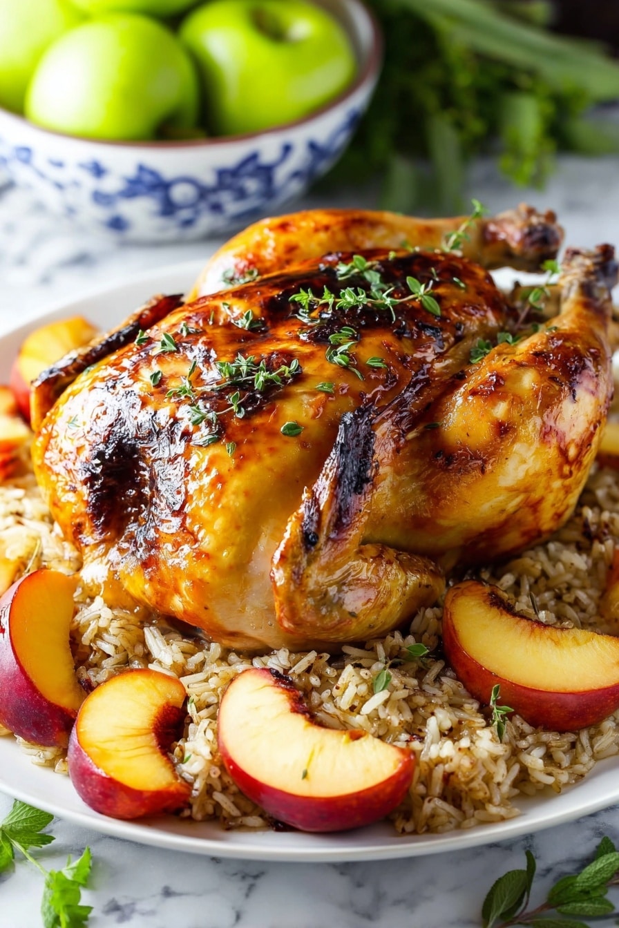 A whole roasted chicken with a golden-brown, shiny skin and some dark charred spots lies in the center of a white plate. It is sprinkled with small green herb leaves on top. The chicken rests on a bed of light and dark mixed rice. Around the chicken, thick slices of cooked peaches with red skin and yellow flesh are placed in a circle. Inside the chicken, there are garlic cloves and sprigs of herbs visible. In the background, a bowl with bright green apples sits on a white marbled surface with some loose green leaves scattered around. Photo taken with an iphone --ar 2:3 --v 7 - Apple Cider Glazed Roasted Chicken, roasted chicken with apple cider glaze, fall-inspired roasted chicken recipe, easy apple cider chicken, juicy roasted chicken with glaze