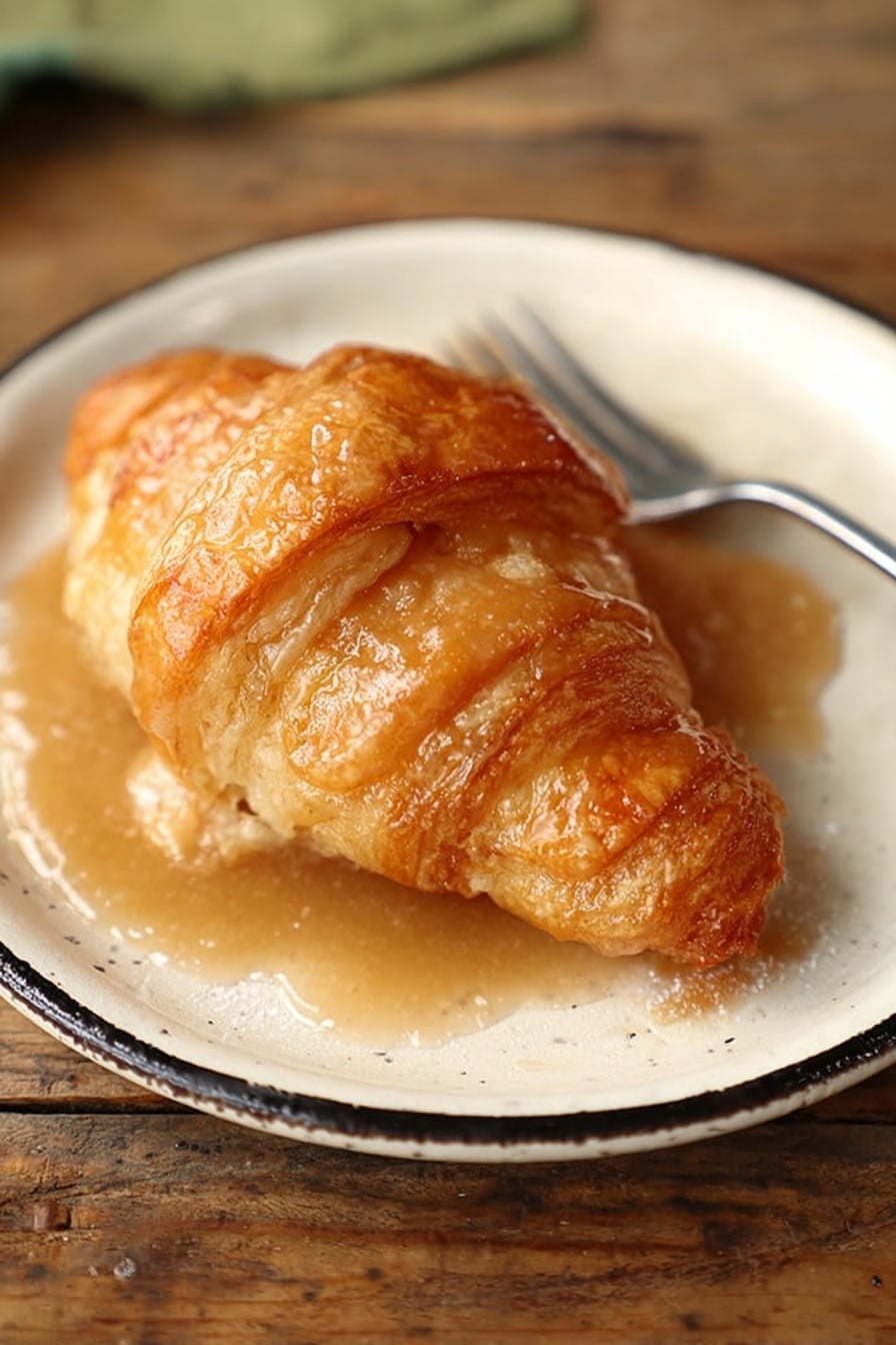 A single golden brown croissant sits on a white plate with a slightly worn black rim. The croissant is covered in a shiny light brown sauce that pools around its base, giving it a moist look. The croissant shows flaky layers with a soft, smooth texture visible under the sauce. The plate rests on a rustic wooden table, but the background and surface should be imagined as a white marbled texture. A fork lies behind the croissant on the plate. Photo taken with an iphone --ar 2:3 --v 7 - Apple Dumplings with Cinnamon Sugar and Sprite Drizzle, apple dumplings recipe, cinnamon sugar dessert, easy apple dessert, quick fruit dessert