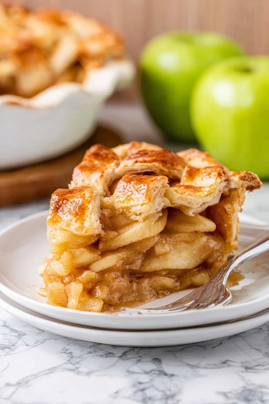 The image shows a slice of apple pie on a white plate with a silver fork on the side. The pie has a golden brown, flaky crust on top with a braided lattice pattern, and the edges are wavy and slightly crimped. Inside, there are roughly four layers of soft, cooked apple slices coated in a light brown cinnamon-spiced sauce. The filling looks tender and juicy, and you can see a little shine from the glaze. The background has a white marbled texture, and there are two green apples and a white ceramic dish with more pie behind the plate. photo taken with an iphone --ar 2:3 --v 7 - The BEST Apple Pie, apple pie recipe, homemade apple pie, flaky apple pie crust, easy apple pie dessert