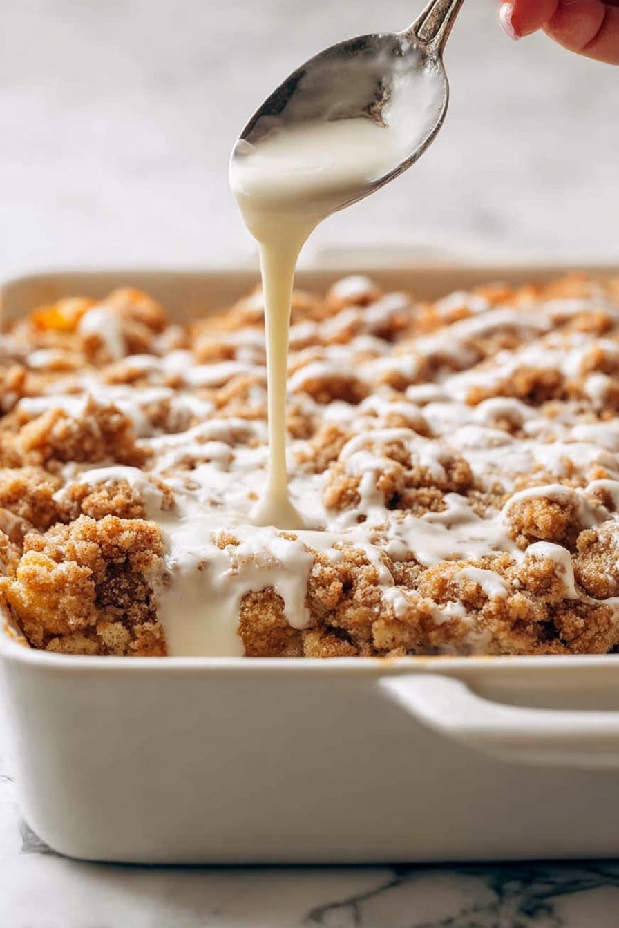 The dish shows a white baking dish filled with a layered dessert that has a golden brown crumb topping with a rough, crumbly texture. A woman's hand is holding a spoon above the dish, slowly pouring a smooth, creamy white sauce over the crumbly top layer, creating small pools of sauce on the uneven surface. The dessert appears dense and thick with visible pieces of baked dough beneath the crumbly layer. The background and surface are white with a marbled texture. photo taken with an iphone --ar 2:3 --v 7 - Apple French Toast Casserole, cinnamon apple breakfast bake, make-ahead apple casserole, cozy breakfast recipes, easy apple brunch idea
