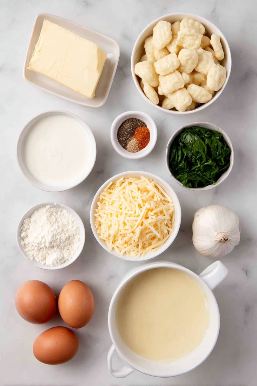 Flat lay of a small pat of butter, one small diced onion, two whole celery ribs, one large peeled and shredded carrot, two peeled garlic cloves, a simple white ceramic bowl filled with pale yellow chicken broth, a cluster of fresh potato gnocchi, a small white bowl of heavy cream, a small white bowl of whole milk, a neat pile of shredded sharp cheddar cheese, a small white bowl of finely grated parmesan cheese, a handful of chopped fresh spinach, a small white bowl of dry mustard powder, a small white bowl of coarse black pepper, and two whole uncracked brown eggs — all arranged in perfect symmetry on a clean white marble surface, soft natural light, photo taken with an iPhone, professional food photography style, fresh ingredients, white ceramic bowls, no bottles, no duplicates, no utensils, no packaging --ar 2:3 --v 7 --p awthu7i m7354615311229779997 - Cheesy Gnocchi Soup, cheesy gnocchi soup recipe, creamy gnocchi soup, easy gnocchi soup, comforting potato gnocchi soup