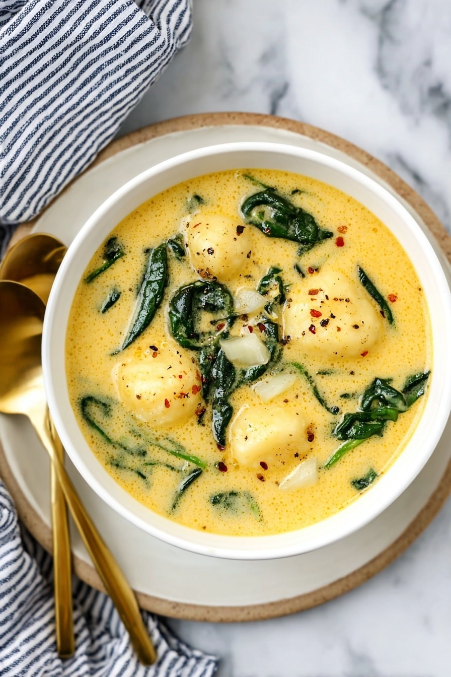 A white bowl is filled with creamy yellow soup, containing three large soft dumplings or gnocchi, scattered green spinach leaves, and small white pieces of onion. The soup has a smooth texture with tiny black specks of pepper on top. The bowl sits on a white marbled plate, with two golden spoons resting beside it. A striped blue and white cloth is placed to the left side of the bowl, all on a white marbled surface. Photo taken with an iphone --ar 2:3 --v 7 - Cheesy Gnocchi Soup, cheesy gnocchi soup recipe, creamy gnocchi soup, easy gnocchi soup, comforting potato gnocchi soup