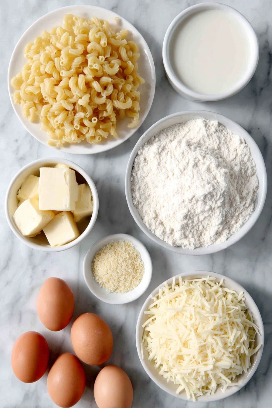 Flat lay of elbow macaroni pasta scattered beside three whole uncracked brown eggs, a small white ceramic bowl of warm milk, a small white ceramic bowl filled with plain all-purpose flour, a handful of fresh shredded gruyere cheese, freshly shredded cheddar cheese, freshly shredded Colby cheese, and shredded mozzarella cheese arranged neatly on a simple white ceramic plate, a small white ceramic bowl containing golden unsalted butter cubes, another small white ceramic bowl with melted butter, a small mound of light golden panko breadcrumbs, and a tiny white ceramic dish holding mixed fine powders of salt, garlic powder, onion powder, and mustard powder, all placed on a clean white marble surface, soft natural light, photo taken with an iPhone, professional food photography style, fresh ingredients, white ceramic bowls, no bottles, no duplicates, no utensils, no packaging --ar 2:3 --v 7 --p awthu7i m7354615311229779997 - Baked Mac and Cheese, creamy baked mac and cheese, cheesy baked pasta, golden crust mac and cheese, comfort food recipes