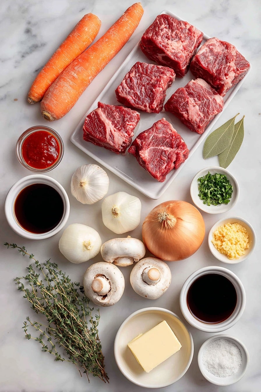 Flat lay of fresh chuck beef cubes, two large carrots cut on an angle, a cluster of pearl onions, a fresh bay leaf, three sprigs of thyme, small white ceramic bowls of red wine, olive oil, tomato paste, plain flour, and minced garlic, whole uncracked eggs with clean shells, halved button mushrooms, thick batons of bacon, a small slab of unsalted butter, a bowl of rich beef stock, and a small pile of chopped fresh parsley all arranged with perfect symmetry on a clean white marble surface, soft natural light, photo taken with an iPhone, professional food photography style, fresh ingredients, white ceramic bowls, no bottles, no duplicates, no utensils, no packaging --ar 2:3 --v 7 --p awthu7i m7354615311229779997 - Beef Bourguignon, Beef Burgundy, French beef stew, hearty beef recipes, classic French dishes