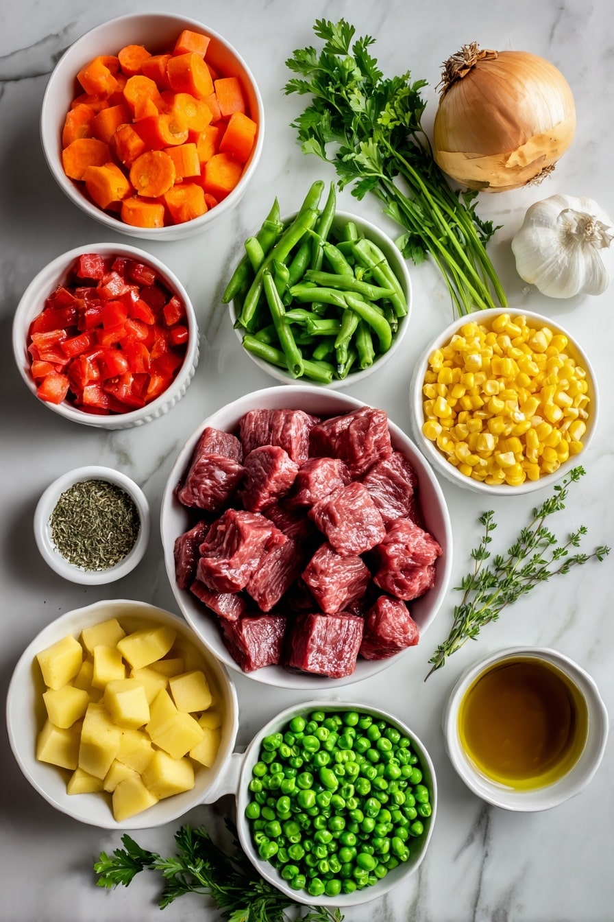 Flat lay of fresh chunks of raw beef stew meat, a small white bowl of golden olive oil, a whole large yellow onion peeled and chopped, peeled and chopped orange carrots, chopped pale green celery stalks, minced garlic cloves, a small white bowl filled with rich low-sodium beef broth, peeled and chopped red and yellow potato cubes, bright green chopped green beans, vibrant yellow frozen corn kernels, plump frozen green peas, a small white bowl holding bright red diced tomatoes, a small white bowl with dried basil leaves, a small white bowl with dried oregano, a small white bowl with dried thyme, fresh sprigs of bright green parsley, all arranged symmetrically and balanced on a clean white marble surface, soft natural light, photo taken with an iPhone, professional food photography style, fresh ingredients, white ceramic bowls, no bottles, no duplicates, no utensils, no packaging --ar 2:3 --v 7 --p awthu7i m7354615311229779997 - Vegetable Beef Soup, hearty beef vegetable soup, easy beef soup recipe, wholesome vegetable beef broth, comforting beef and veggie soup