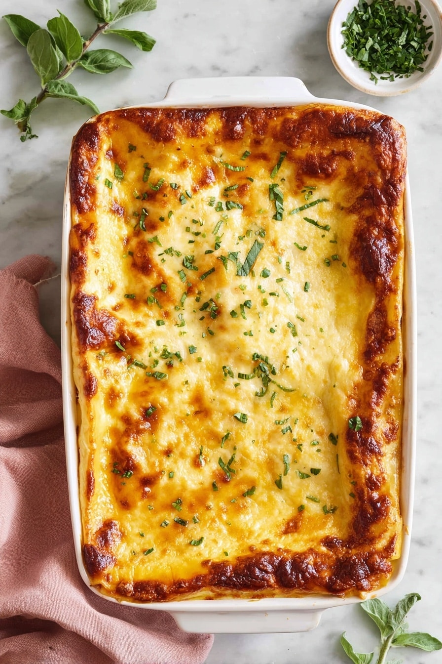 A white rectangular baking dish filled with a golden brown baked lasagna, showing a top layer of melted cheese that is slightly browned and bubbly around the edges, sprinkled with fresh green chopped herbs evenly over the cheese. The lasagna has clear layers of creamy cheese and pasta beneath the top baked cheese layer. The dish is set on a white marbled surface with green leafy herbs on the side and a pinkish cloth partially visible underneath. photo taken with an iphone --ar 2:3 --v 7 - Butternut Squash Lasagna, healthy vegetarian lasagna, fall comfort food recipes, easy butternut squash dinner, cheesy vegetable lasagna