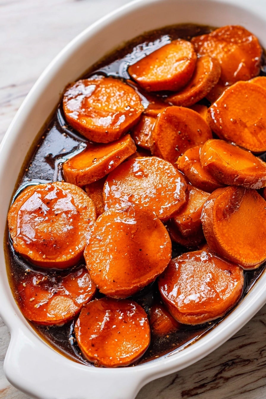 The image shows a close-up of a frying pan with twelve round, thick slices of sweet potato cooking in hot oil. Each slice has a shiny, smooth surface covered with tiny bubbles, giving a glossy and slightly wet look. The slices are arranged closely together, filling the pan, and their color is a rich, deep orange with darker edges where they meet the pan. The pan has a slightly worn metallic texture with some oil splatters around the sweet potatoes. The background is a white marbled texture. photo taken with an iphone --ar 2:3 --v 7 - Candied Sweet Potatoes with Bourbon Glaze, bourbon sweet potato side dish, holiday sweet potato recipes, caramelized sweet potatoes with bourbon, easy bourbon glazed sweet potatoes