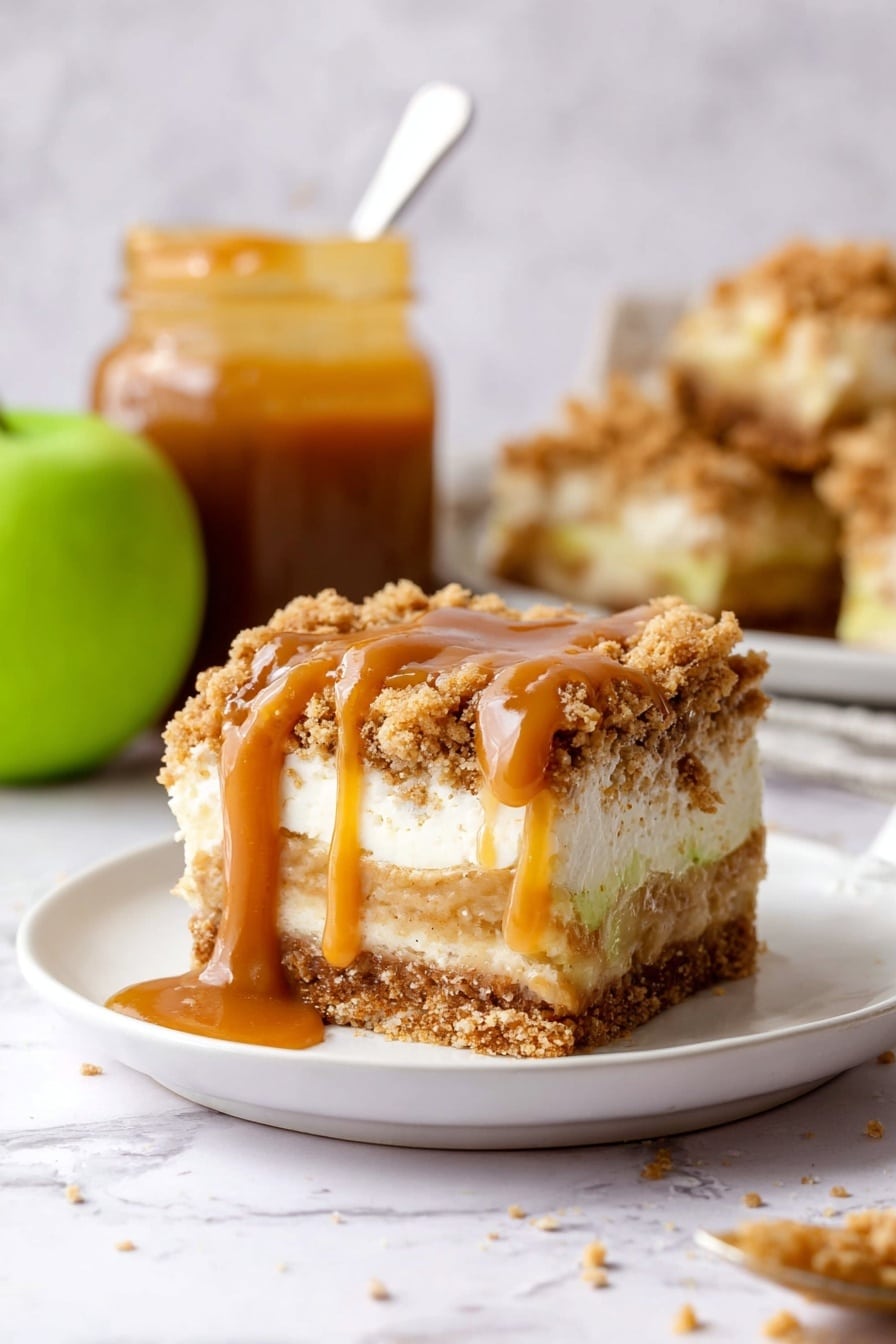 A square piece of layered dessert sits on a white plate, showing four visible layers: at the bottom is a golden brown crumbly crust, above it a thick white creamy layer, followed by a lighter brown layer with a textured look, and topped with a golden crumbly streusel layer. The top is drizzled with smooth caramel sauce that drips slightly on the plate. In the background, a jar filled with caramel and a spoon inside is visible, along with more pieces of the same dessert. A green apple sits to the left, all placed on a white marbled surface. Photo taken with an iphone --ar 2:3 --v 7 - Caramel Apple Cheesecake Bars, fall dessert, apple cheesecake bars, caramel dessert bars, easy apple cheesecake recipe