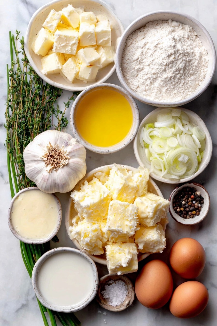 Flat lay of a whole head of garlic with the top sliced to expose cloves, a small white bowl of golden olive oil, peeled and cubed russet potatoes, several tablespoons of salted butter, a small pile of chopped white onions, thinly sliced whites and light greens of a leek, a small white bowl of flour, a white ceramic bowl filled with low sodium chicken broth, a small white bowl of whole milk, a small white bowl of heavy cream, a few fresh thyme sprigs, a small pile of freshly grated parmesan cheese, two whole uncracked brown eggs, fresh black peppercorns and coarse salt crystals scattered delicately, and a small bunch of bright green chopped chives, all arranged symmetrically on a clean white marble surface, soft natural light, photo taken with an iPhone, professional food photography style, fresh ingredients, white ceramic bowls, no bottles, no duplicates, no utensils, no packaging --ar 2:3 --v 7 --p awthu7i m7354615311229779997 - Creamy Roasted Garlic Potato Soup, roasted garlic potato soup, easy potato soup recipe, comforting garlic potato soup, hearty potato soup