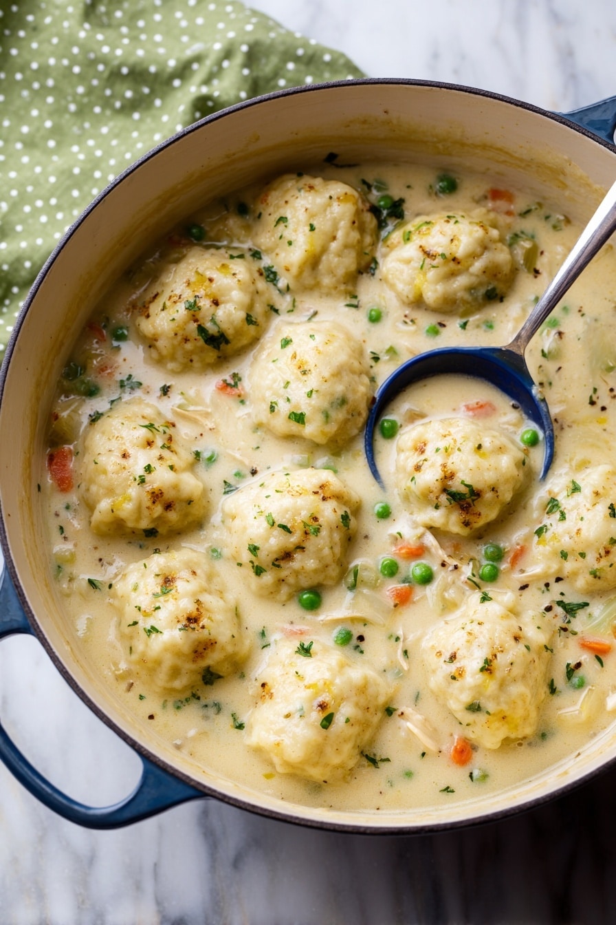 A white bowl filled with thick chicken and dumpling soup, showing chunks of light beige chicken, soft dumplings with a pale dough color, and bright orange carrot slices in a creamy broth speckled with green herbs and black pepper. The bowl sits on a white marbled surface next to a wooden spoon on the right and a green cloth with white dashed lines on the left. In the background, there are clear salt and pepper shakers with silver caps. Photo taken with an iphone --ar 2:3 --v 7 - Homestyle Chicken and Dumplings, comforting chicken and dumplings, hearty chicken stew with dumplings, homemade chicken and dumplings recipe, soul-warming chicken and dumplings
