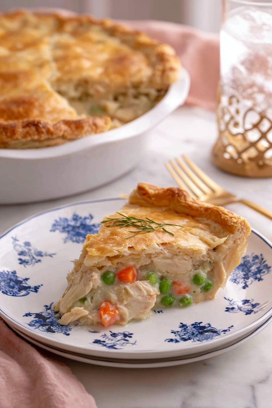 A slice of golden brown pie with a flaky, crisp crust sits on a white plate decorated with colorful butterflies and a gold rim, showing a creamy filling with visible green peas and orange carrot pieces inside. Behind the slice, the full pie in a white dish displays a thick, textured crust with a piece taken out, exposing the same vegetable and creamy filling. The scene includes a gold fork resting on a soft pink cloth and a clear glass of water on a white marbled surface. photo taken with an iphone --ar 2:3 --v 7 - Creamy Chicken Pot Pie, chicken pot pie recipe, homemade chicken pie, flaky crust chicken pie, hearty comfort food