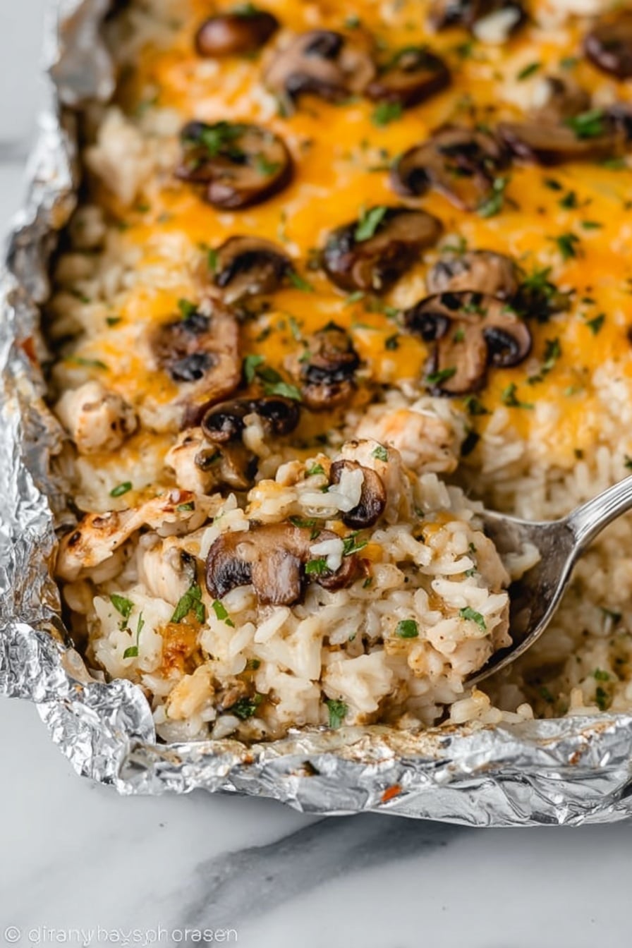 The image shows a close-up view of a baked casserole dish lined with foil, filled with a creamy rice mixture. The dish has three main layers: the bottom layer is soft, white rice mixed with small pieces of cooked chicken; the middle layer is a mix of melted yellow cheese and creamy sauce, creating a smooth texture; and the top layer is scattered with sautéed brown mushroom slices and small bits of green herbs. A spoon is partially scooping out a portion from the right side, revealing the mixed layers, and the casserole sits on a white marbled surface. photo taken with an iphone --ar 2:3 --v 7 - Creamy Chicken Wild Rice Casserole, delicious chicken casserole, hearty rice casserole, easy comfort food, cheesy chicken and rice dish