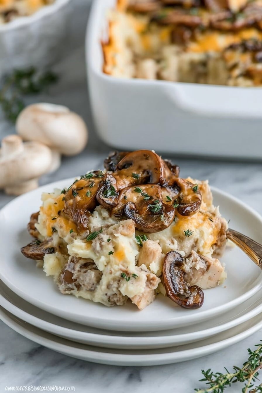 The dish is a creamy mushroom casserole served in a small white bowl placed on top of a white plate with another white plate underneath. The casserole has layers of soft beige mashed potatoes mixed with browned mushroom slices, light brown cooked chicken chunks, and melted pale yellow cheese. The top layer is garnished with sautéed, slightly crispy brown mushrooms and green herbs. The background is a white marbled surface with a whole small white mushroom and thyme sprigs to the left. In the background, a white baking dish filled with more casserole is partially visible. Photo taken with an iphone --ar 2:3 --v 7 - Creamy Chicken Wild Rice Casserole, delicious chicken casserole, hearty rice casserole, easy comfort food, cheesy chicken and rice dish