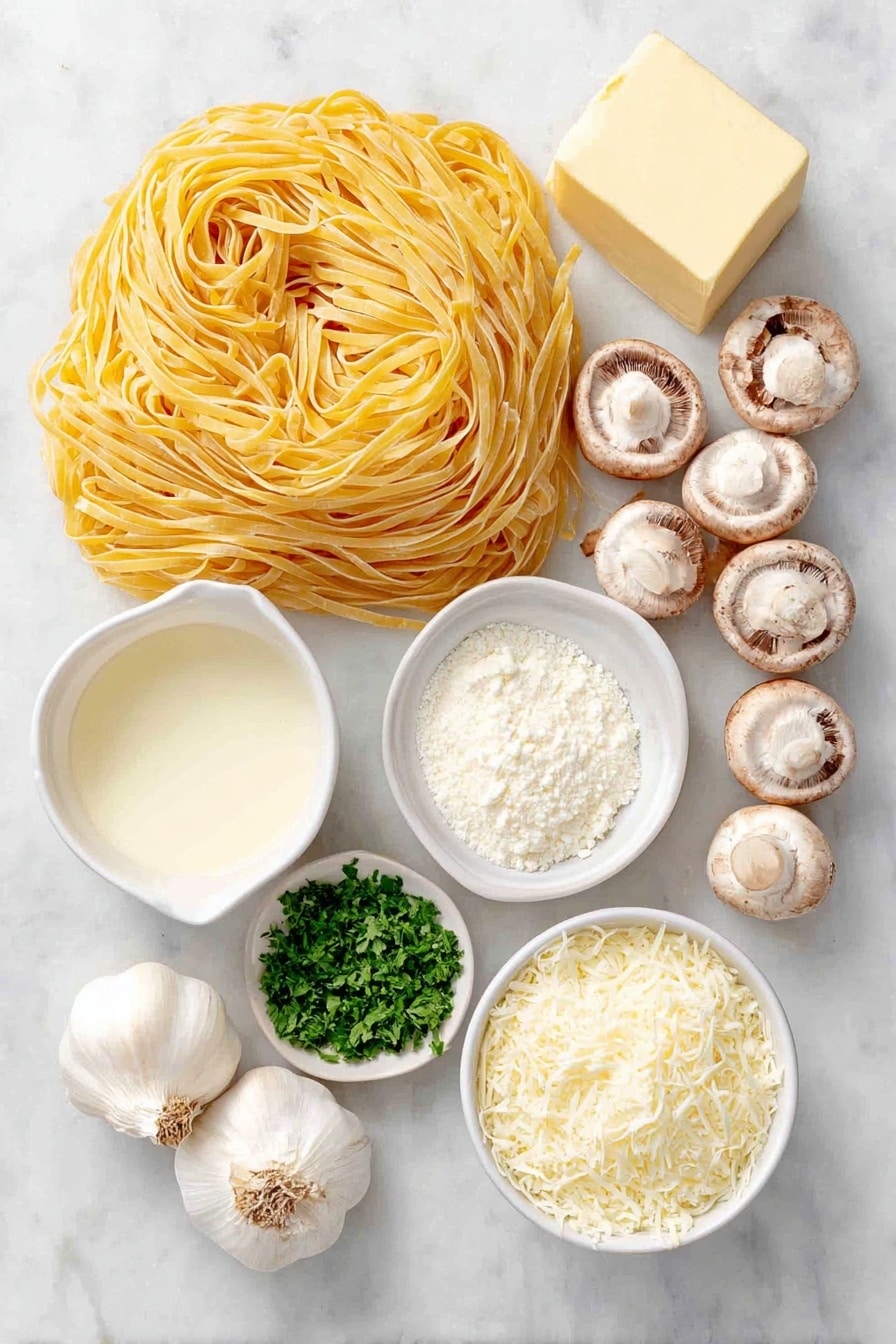 Flat lay of fresh linguine pasta nest, a small pat of unsalted butter, a few sliced white and cremini mushrooms arranged naturally, two whole uncracked garlic cloves, a small white ceramic bowl of dry white wine, a small white ceramic bowl of chicken broth, a small white ceramic bowl of heavy cream, a small white ceramic bowl of finely grated parmesan cheese, a few sprigs of roughly chopped fresh parsley, a small white ceramic bowl with mixed salt and pepper, placed on a clean white marble surface, soft natural light, photo taken with an iPhone, professional food photography style, fresh ingredients, white ceramic bowls, no bottles, no duplicates, no utensils, no packaging --ar 2:3 --v 7 --p awthu7i m7354615311229779997 - Creamy Mushroom Pasta, mushroom pasta recipe, easy mushroom pasta, quick creamy pasta, vegetarian mushroom pasta