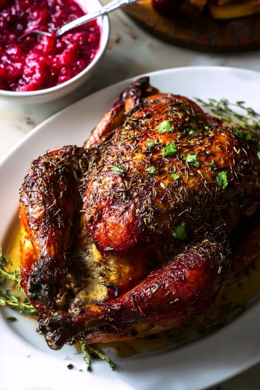 A whole roasted chicken sits on a large white oval plate on a white marbled surface. The chicken has a dark golden-brown skin, covered with herbs and spices that add texture and color, with some green parsley leaves sprinkled on top. The drumsticks and wings are visible and slightly charred at the edges. In the background, there is a white bowl filled with bright red cranberry sauce that has a chunky texture and a spoon resting inside. The overall scene is warm and rich in colors, highlighting the contrast between the dark brown chicken and the red cranberry sauce photo taken with an iphone --ar 2:3 --v 7 - Perfect Roast Turkey, roast turkey recipe, crispy roast turkey, juicy roasted turkey, holiday turkey main dish