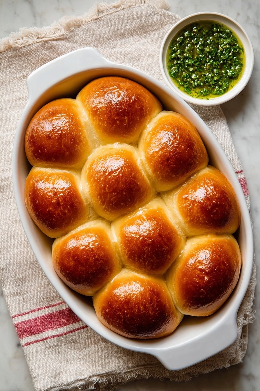 A white oval dish holds fifteen golden brown bread rolls arranged tightly in three layers: the bottom layer covered by the two upper layers, the middle layer with five rolls, and the top layer with five rolls, all with shiny, smooth, and slightly cracked tops showing a soft texture. To the top right of the dish, there is a small white bowl with a green herb sauce that looks fresh and slightly chunky. The dish rests on a light beige cloth with red stripes on a white marbled surface. Photo taken with an iphone --ar 2:3 --v 7 - Garlic Butter Dinner Rolls, soft dinner rolls recipe, homemade garlic rolls, buttery dinner rolls, easy bread rolls