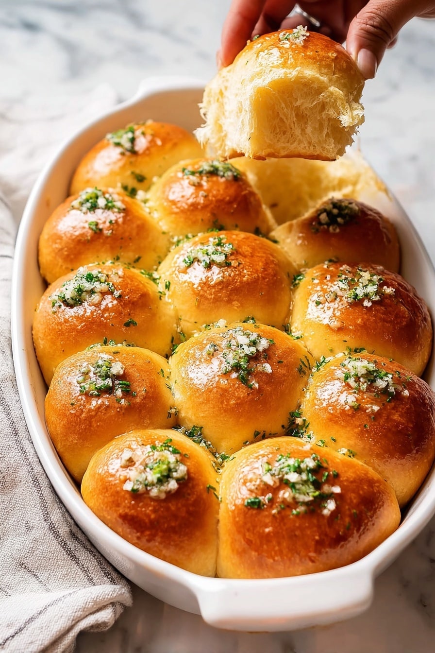 The image shows a white oval dish filled with 15 soft, golden-brown dinner rolls, arranged in three rows with five rolls each. The rolls have a shiny, slightly glossy surface, topped with small bits of chopped green herbs and tiny white salt crystals. A woman's hand is pulling apart one roll from the top right corner, revealing its fluffy, light interior. The dish is set on a white marbled surface with a folded cloth napkin beneath it on the left side. photo taken with an iphone --ar 2:3 --v 7 - Garlic Butter Dinner Rolls, soft dinner rolls recipe, homemade garlic rolls, buttery dinner rolls, easy bread rolls