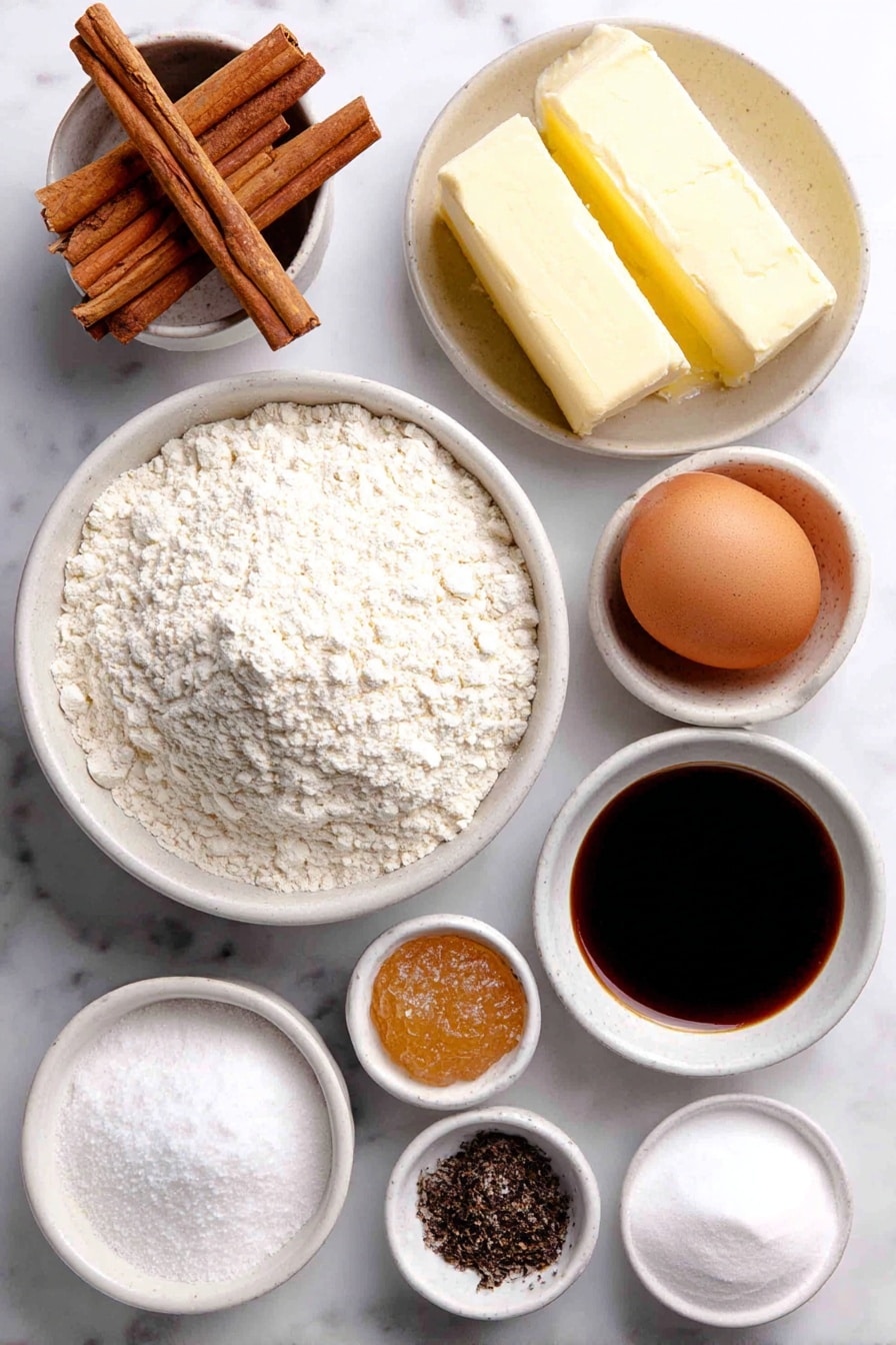 Flat lay of a small mound of unbleached all-purpose flour in a simple white ceramic bowl, a few rustic sticks of cinnamon arranged beside a small white bowl filled with golden molasses, a small white bowl of light brown sugar with a soft, fluffy texture, a smooth slab of unsalted butter at room temperature, a single large whole egg with a clean shell, a small white bowl containing fine ground ginger powder, a tiny white bowl of ground cloves, a small white bowl with fine sea salt, and a small white bowl holding baking soda, all ingredients fresh and natural, perfectly balanced and symmetrically arranged in a professional flat lay style, placed on a clean white marble surface, soft natural light, photo taken with an iPhone, professional food photography style, fresh ingredients, white ceramic bowls, no bottles, no duplicates, no utensils, no packaging --ar 2:3 --v 7 --p awthu7i m7354615311229779997 - Homemade Gingerbread Cookies, gingerbread cookies recipe, festive cookie recipes, holiday baking ideas, soft gingerbread cookies