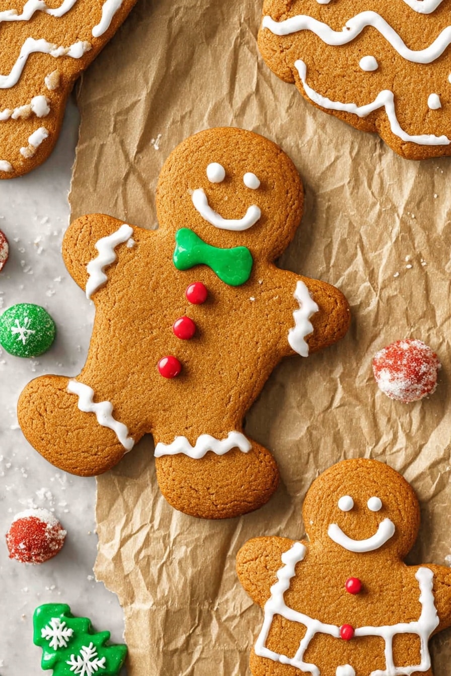 The image shows four gingerbread cookies on crumpled brown paper over a white marbled surface. The largest gingerbread cookie is in the center, shaped like a person with white icing outlining the body, two red round candies as buttons, two white dots for eyes, a curved white icing smile, and a green bow tie made of icing and a green candy. To the right, a smaller gingerbread man with white icing suspenders and shorts, two red round candy buttons, and a smiley face made with white icing. At the top right corner, part of another gingerbread cookie has white zigzag icing, while the top left shows a bigger cookie with white icing zigzag and borders. Scattered around are small candy decorations in green, red, and white shaped like snowflakes, Christmas trees, and candy canes. Photo taken with an iphone --ar 2:3 --v 7 - Homemade Gingerbread Cookies, gingerbread cookies recipe, festive cookie recipes, holiday baking ideas, soft gingerbread cookies