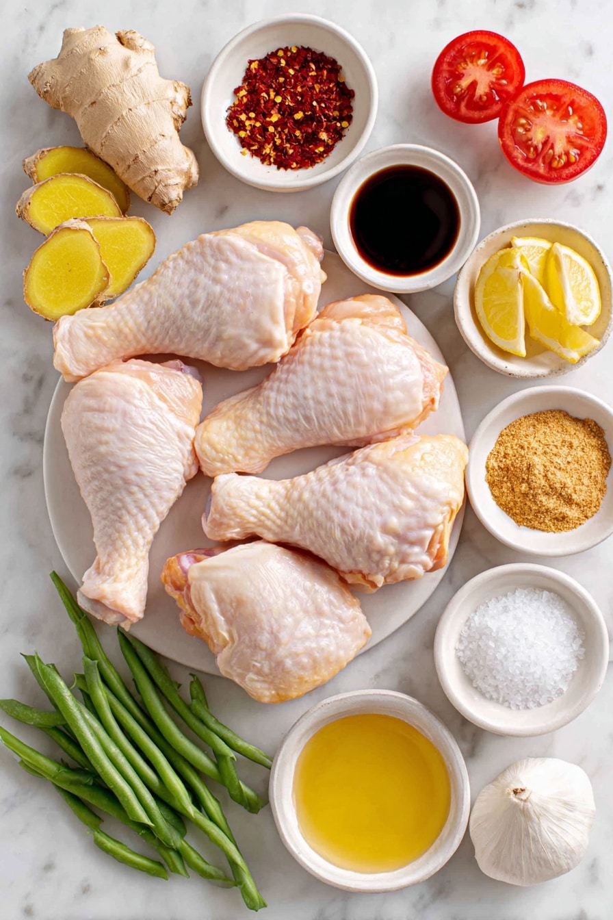 Flat lay of four raw chicken leg quarters with smooth skin, fresh whole ginger root and eight thin slices of bright yellow ginger, small white ceramic bowls containing golden honey, dark brown soy sauce, vibrant red chili flakes, pale yellow lemon juice, and separate piles of coarse white salt, light brown sugar, ground ginger powder, and garlic powder, a small heap of fresh mixed vegetables including green beans, a sliced red bell pepper, a halved small red onion, and a ripe red tomato wedge, all ingredients arranged symmetrically in perfect proportions on a clean white marble surface, soft natural light, photo taken with an iPhone, professional food photography style, fresh ingredients, white ceramic bowls, no bottles, no duplicates, no utensils, no packaging --ar 2:3 --v 7 --p awthu7i m7354615311229779997 - Honey Soy Glazed Chicken Quarters, easy chicken dinner, flavorful baked chicken, tender chicken thighs, caramelized chicken glaze