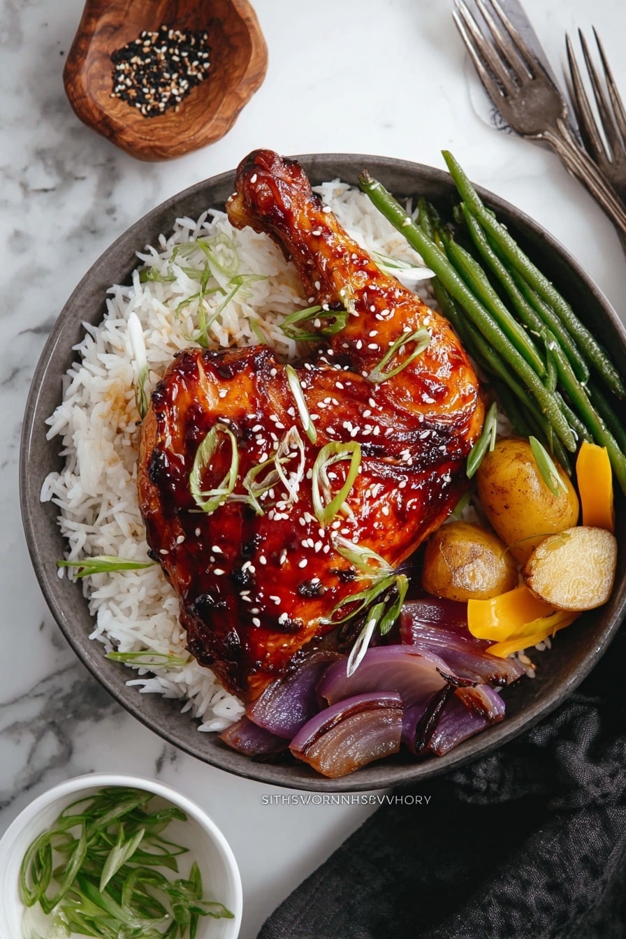 A white bowl is filled with a base layer of white rice, topped by a large grilled chicken leg coated in shiny reddish-brown sauce and sprinkled with white sesame seeds. Around the chicken leg on the rice are thin, light green onion curls. On the right side of the bowl, there are some green beans, two small light yellow potatoes, and a yellow pepper slice. At the bottom right, under the chicken, are sautéed purple onion rings. The bowl sits on a white marbled surface with a fork and dark cloth to the right, and a small white bowl of sliced green onions below. Photo taken with an iphone --ar 2:3 --v 7 - Honey Soy Glazed Chicken Quarters, easy chicken dinner, flavorful baked chicken, tender chicken thighs, caramelized chicken glaze